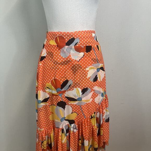 CABI Skirt size Extra Small Orange Yellow Floral Knee Wrap Ruffle Wedding Cruise - Picture 2 of 9